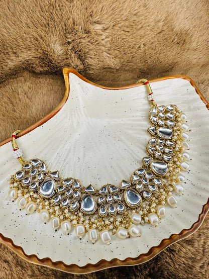 HeyBae Ethnic White Kundan & Pearl Necklace Set with Earrings