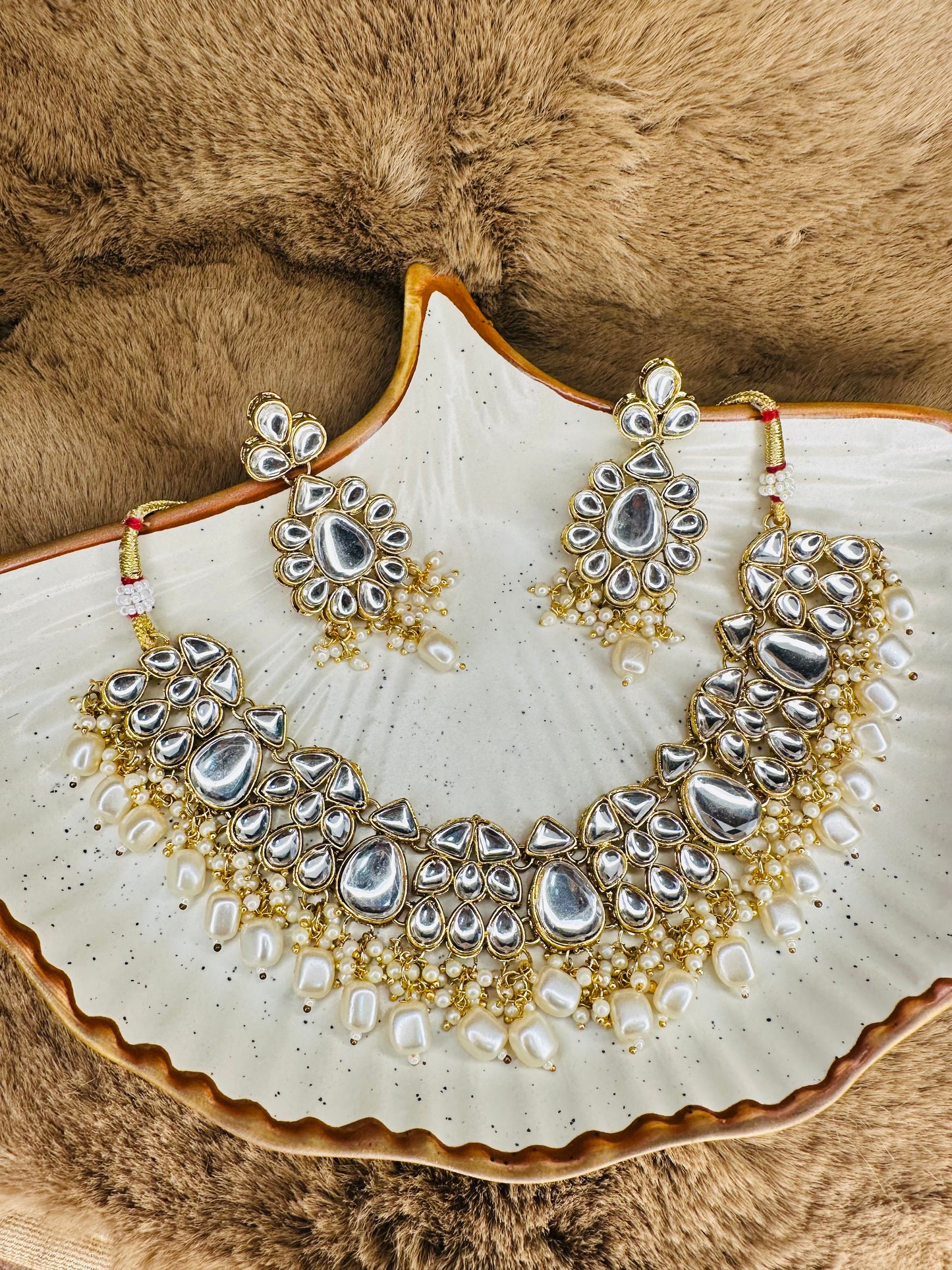 HeyBae Ethnic White Kundan & Pearl Necklace Set with Earrings