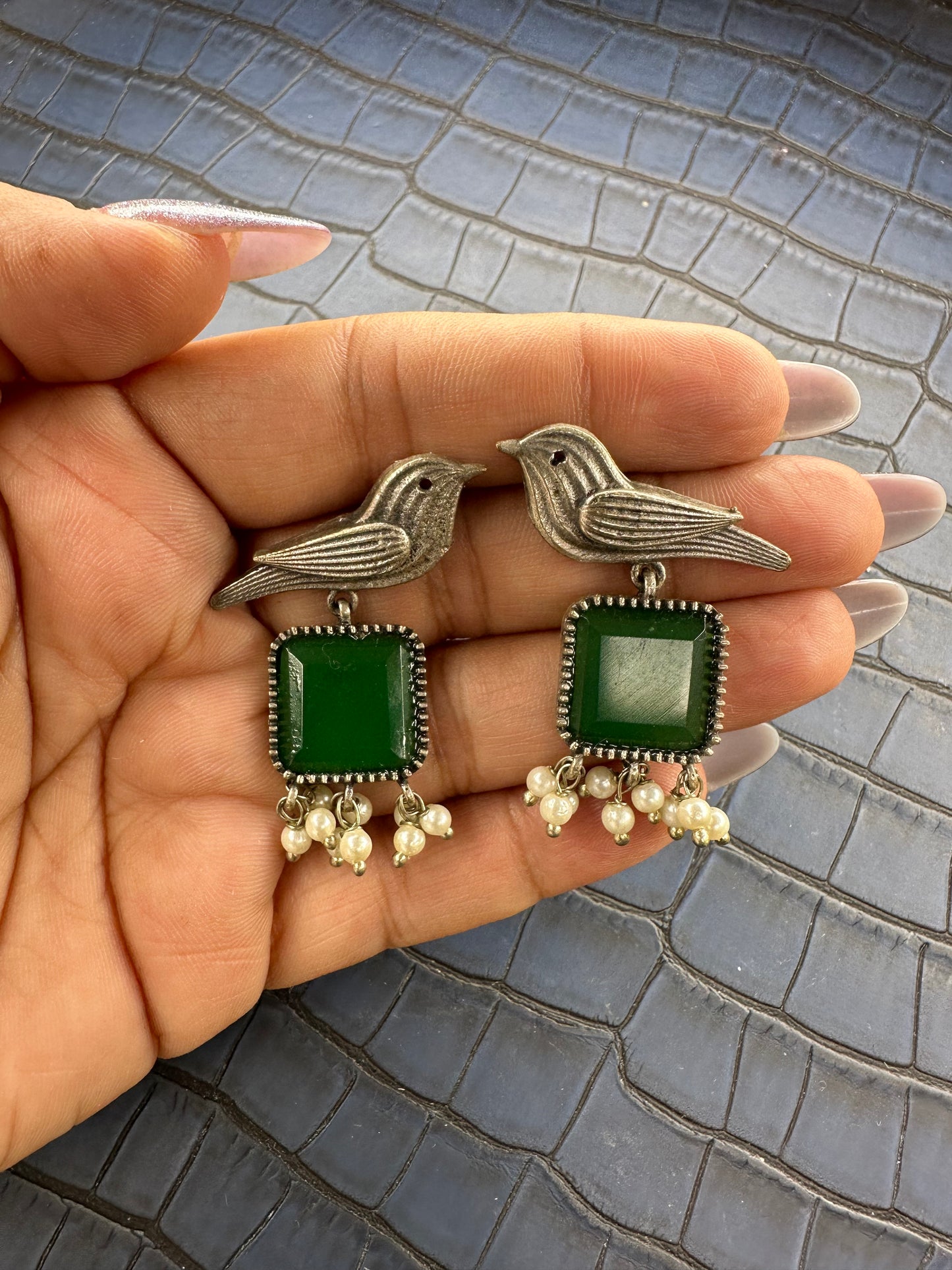 HeyBae Bird Oxidised Pearl Jhumka Earrings