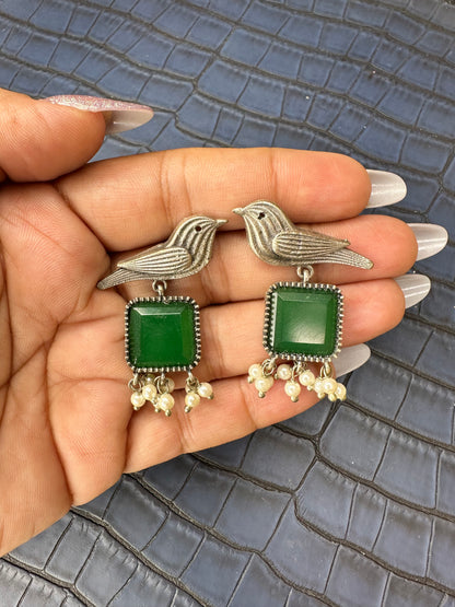 HeyBae Bird Oxidised Pearl Jhumka Earrings