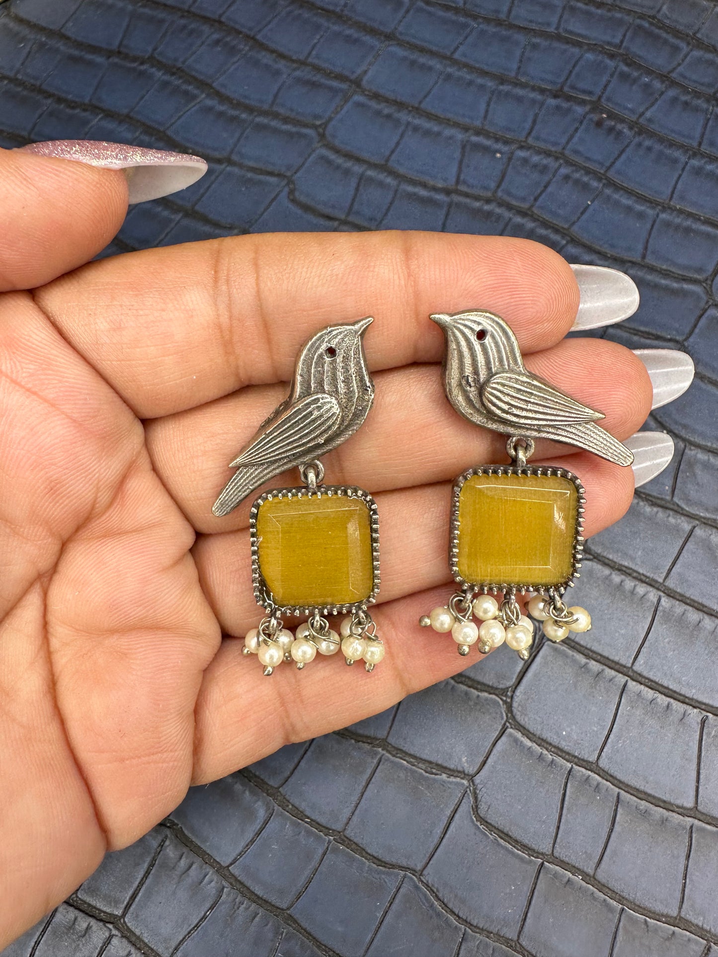 HeyBae Bird Oxidised Pearl Jhumka Earrings