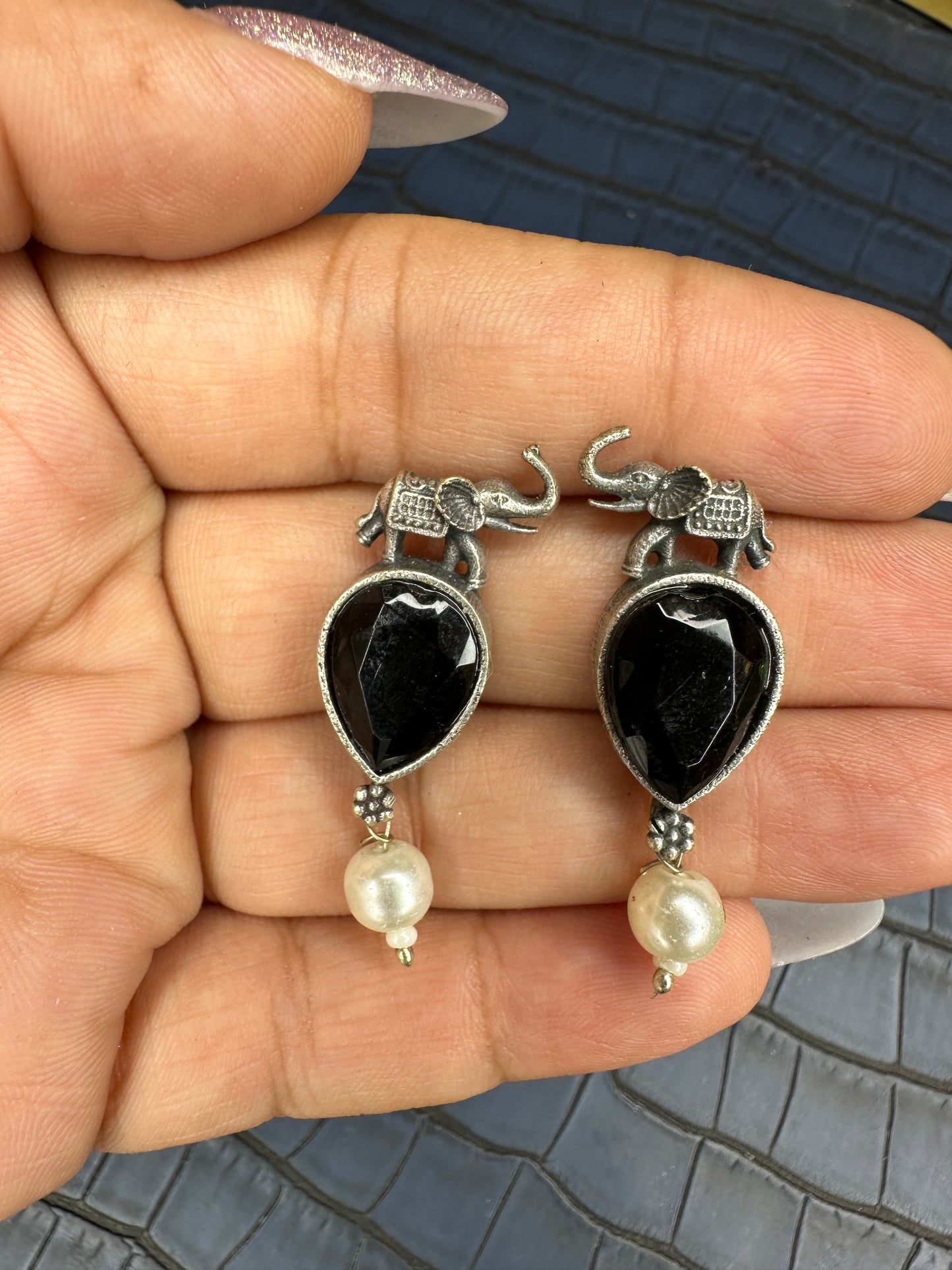 HeyBae Elephant Oxidised Pearl Drop Earrings