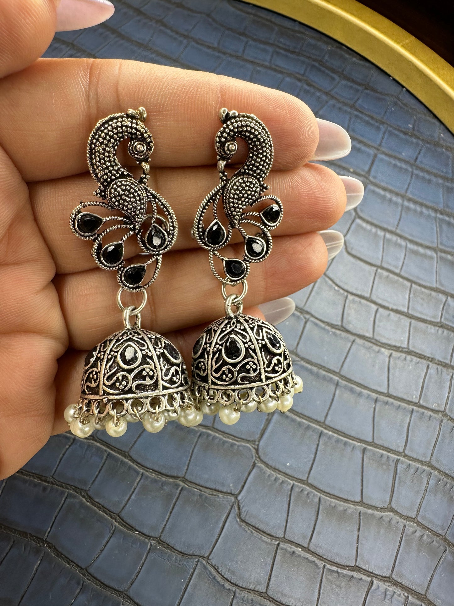 HeyBae Oxidised Kundan Jhumka Earrings - Handcrafted Brass Indian Jewelry