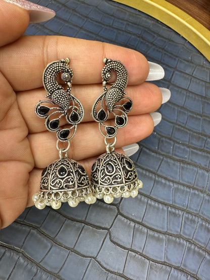 HeyBae Oxidised Kundan Jhumka Earrings - Handcrafted Brass Indian Jewelry