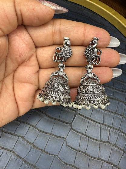 HeyBae Oxidised Kundan Jhumka Earrings - Handcrafted Brass Indian Jewelry