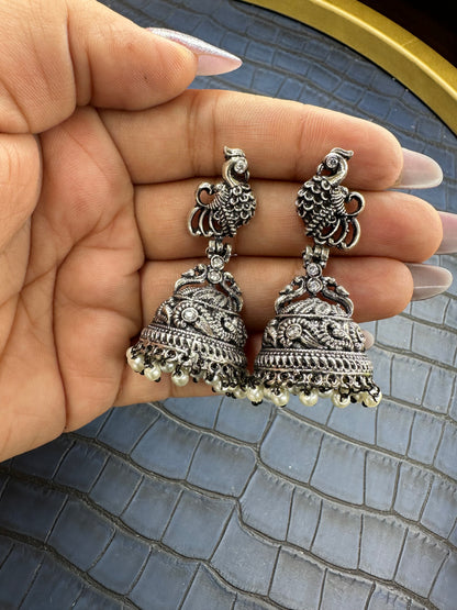 HeyBae Oxidised Kundan Jhumka Earrings - Handcrafted Brass Indian Jewelry