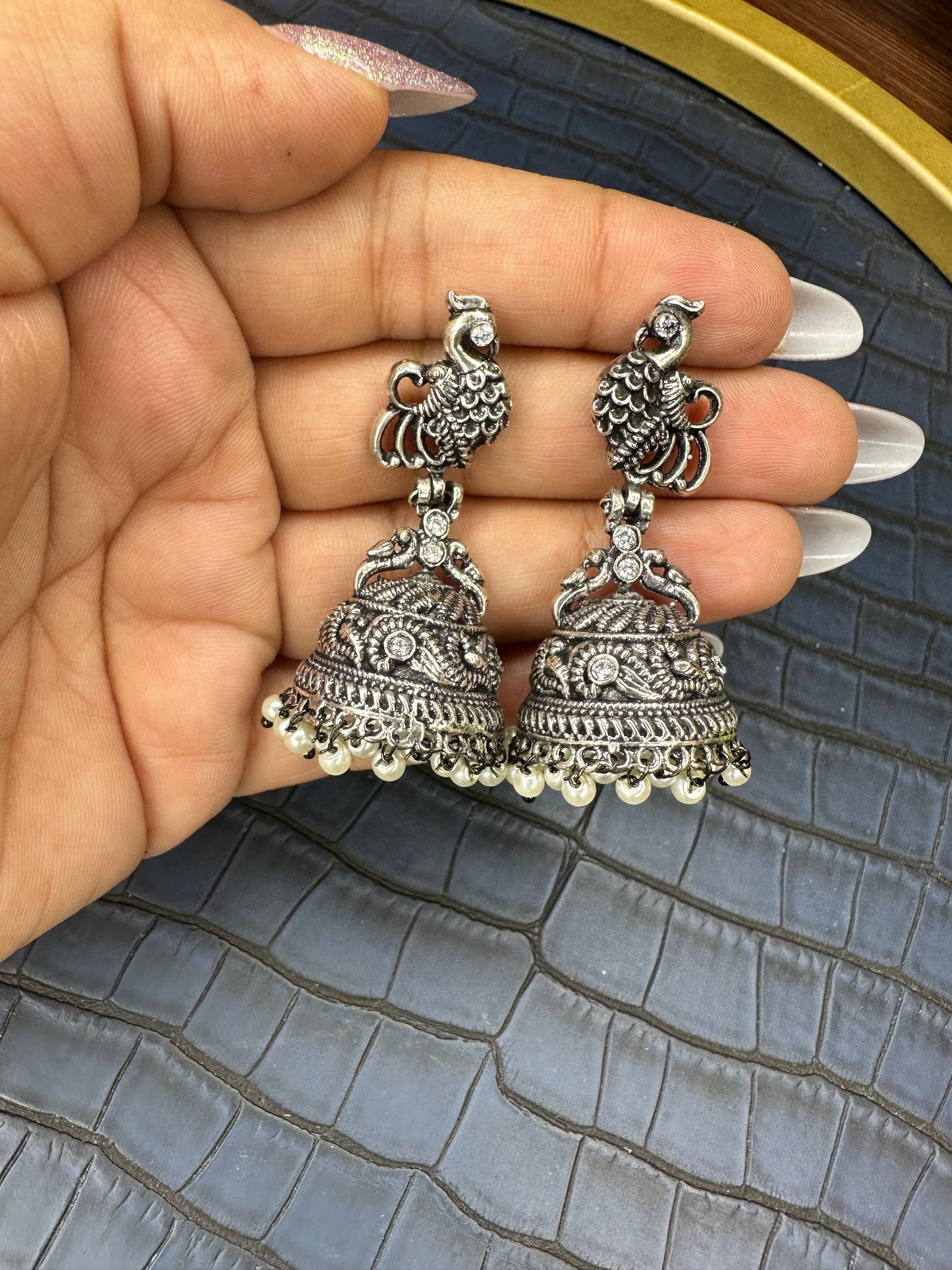 HeyBae Oxidised Kundan Jhumka Earrings - Handcrafted Brass Indian Jewelry