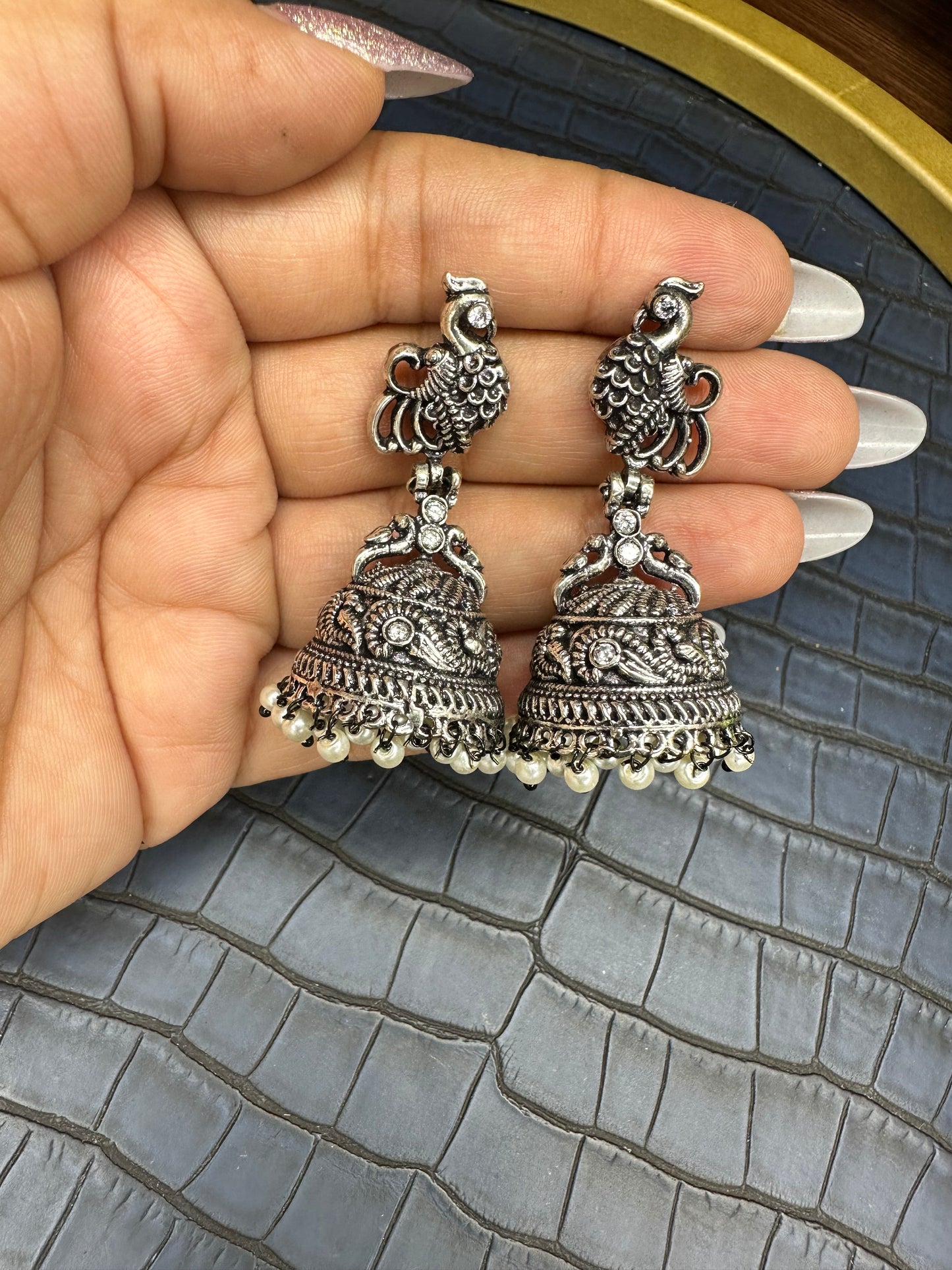 HeyBae Oxidised Kundan Jhumka Earrings - Handcrafted Brass Indian Jewelry