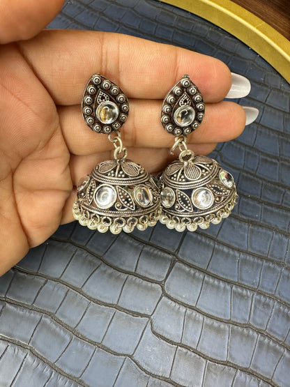 HeyBae Oxidised Kundan Jhumka Earrings - Handcrafted Brass Indian Jewelry