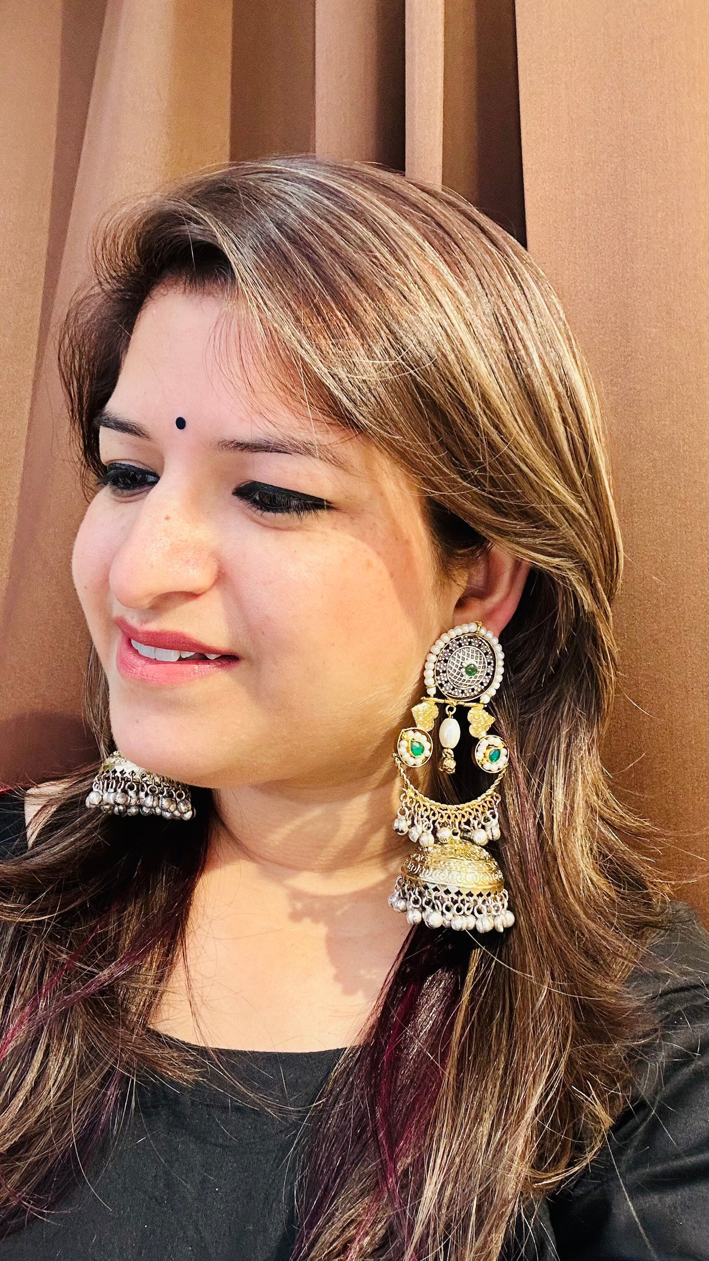 HeyBae Traditional Gold Jhumka Earrings with Pearl & Red Accents | Ethnic Wear