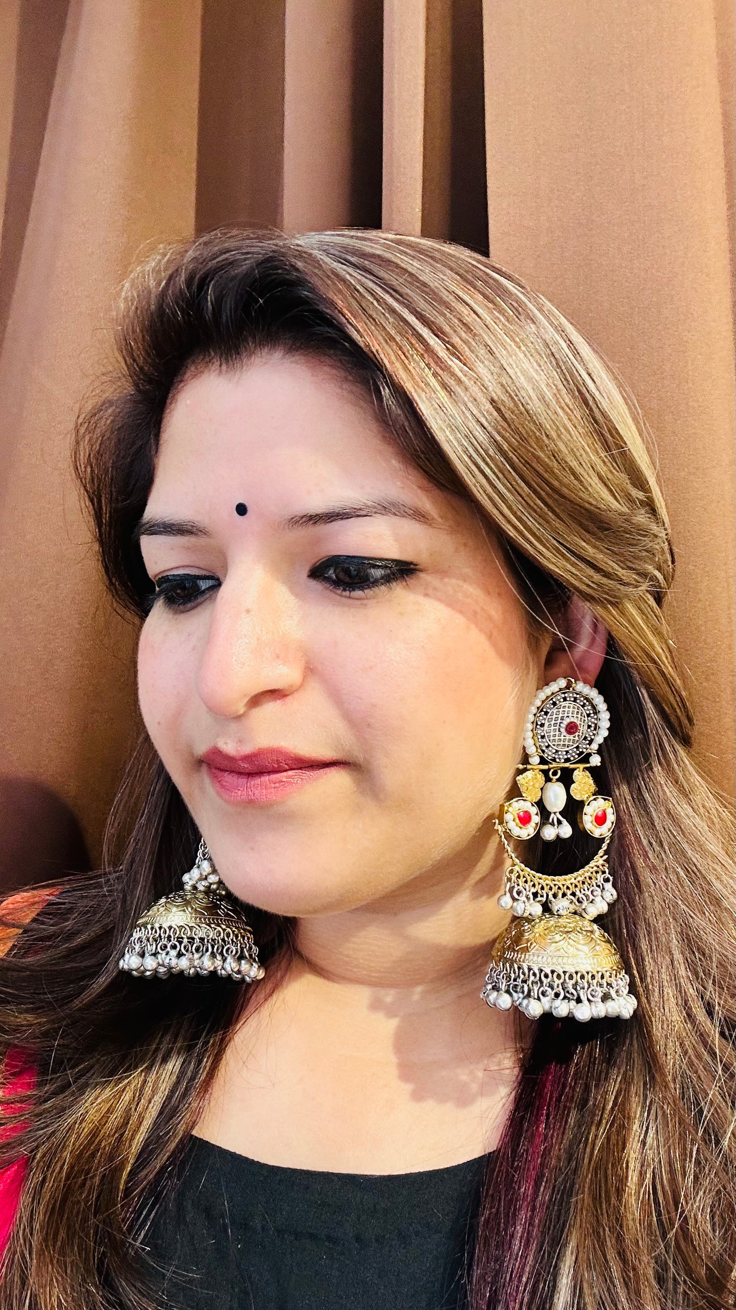 HeyBae Traditional Gold Jhumka Earrings with Pearl & Red Accents | Ethnic Wear