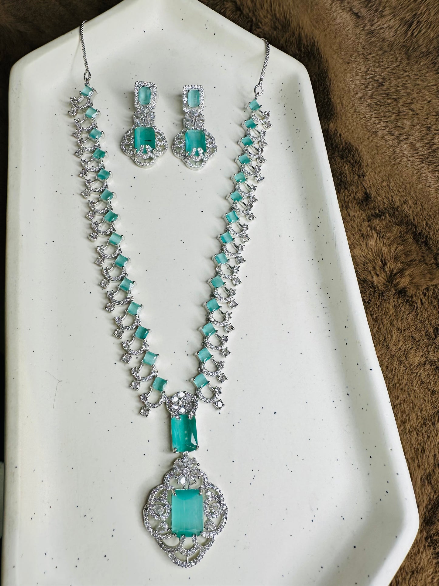 Aqua Blue American Diamond Necklace & Earrings Set for Women