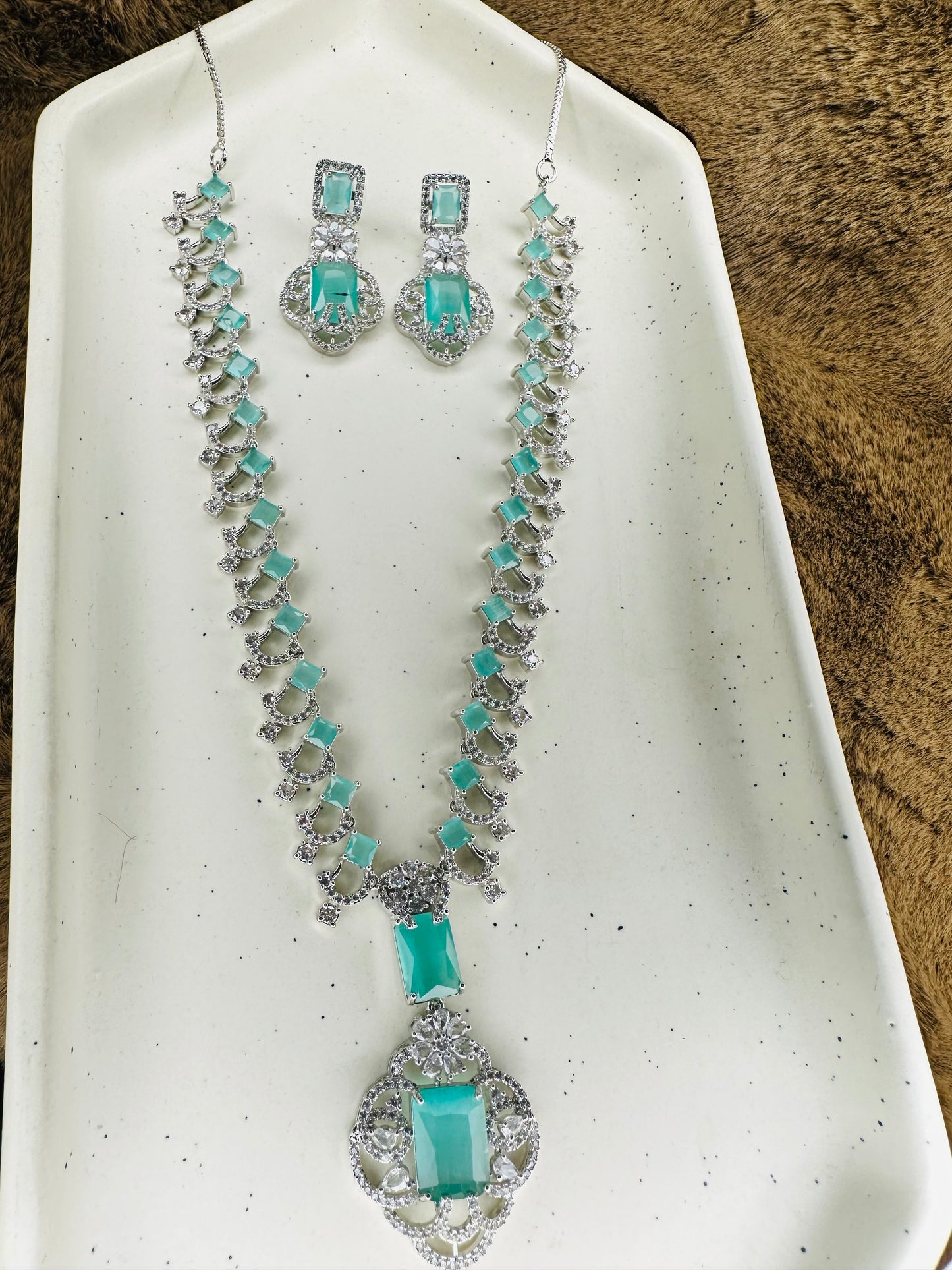 Luxury Aqua Blue Necklace and Earrings Set - American Diamonds