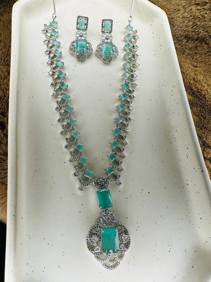 Elegant Emerald Green American Diamond Necklace & Earrings Set