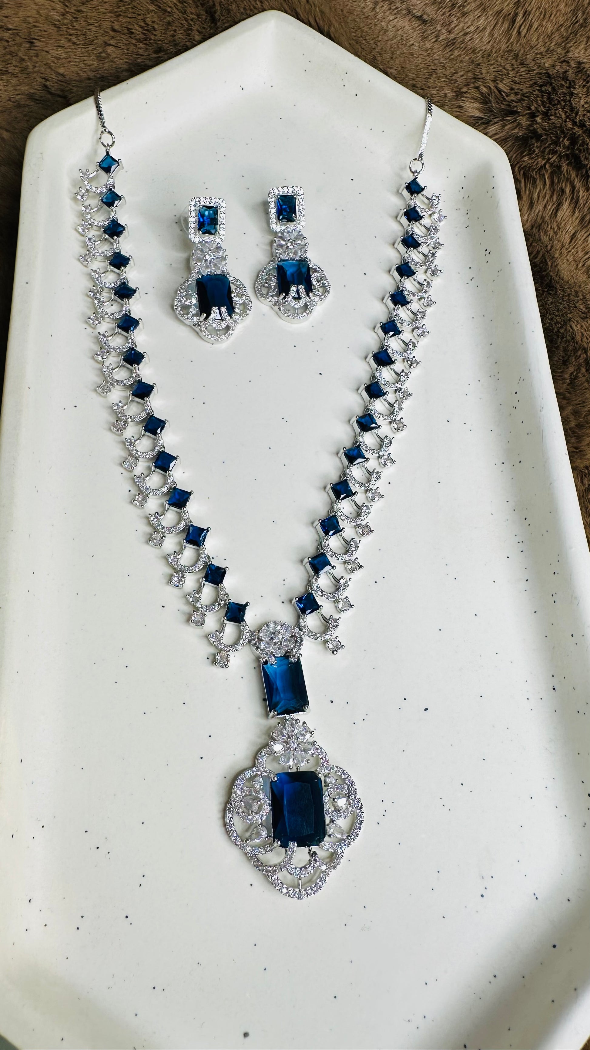 Sapphire American Diamond Necklace & Earrings Set for Women