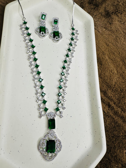 Emerald Green American Diamond Necklace & Earrings Set for Women