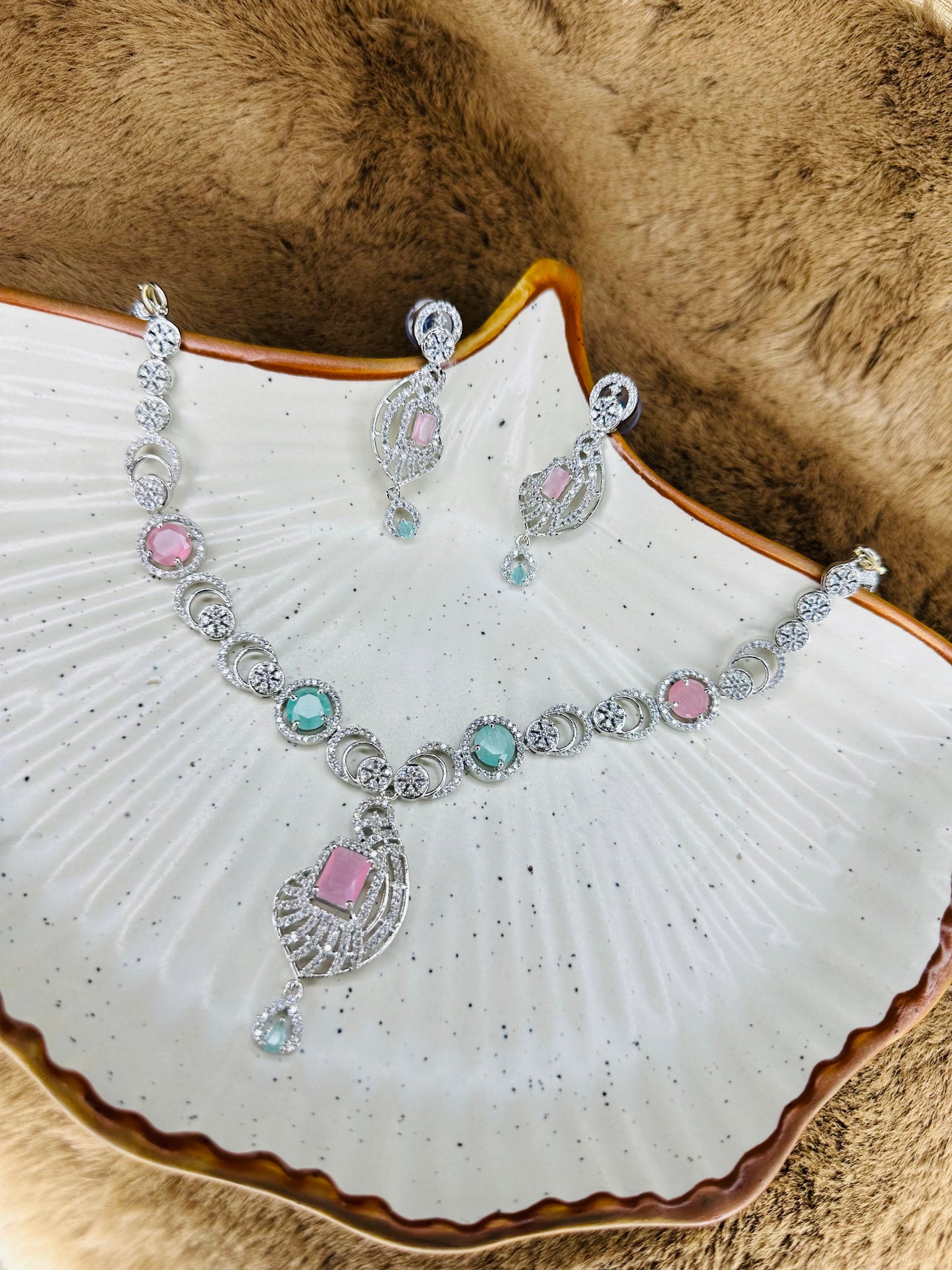 HeyBae Pastel American Diamond Necklace & Earrings Set