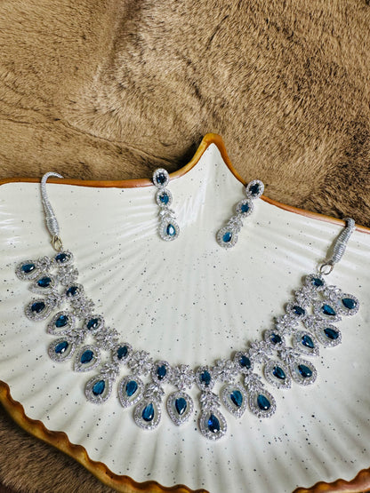 HeyBae Elegant American Diamond Necklace & Earrings Set - Blue Stone