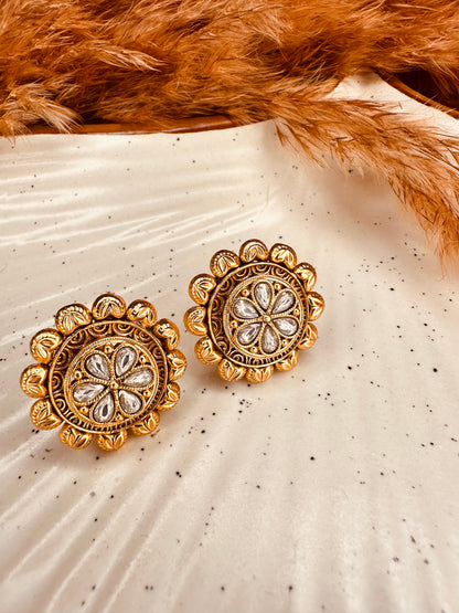 HeyBae Gold Plated White Kundan Studded Big Round Stud Earrings Ethnic Fashion Stylish Jewellery Gift for Women & Girls