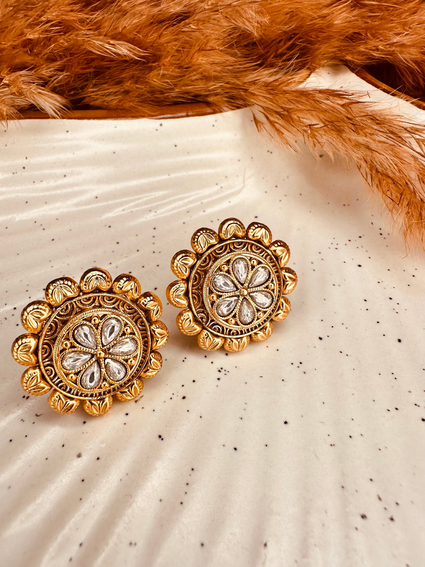 HeyBae Gold Plated White Kundan Studded Big Round Stud Earrings Ethnic Fashion Stylish Jewellery Gift for Women & Girls