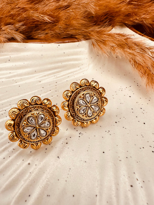 HeyBae Gold Plated White Kundan Studded Big Round Stud Earrings Ethnic Fashion Stylish Jewellery Gift for Women & Girls