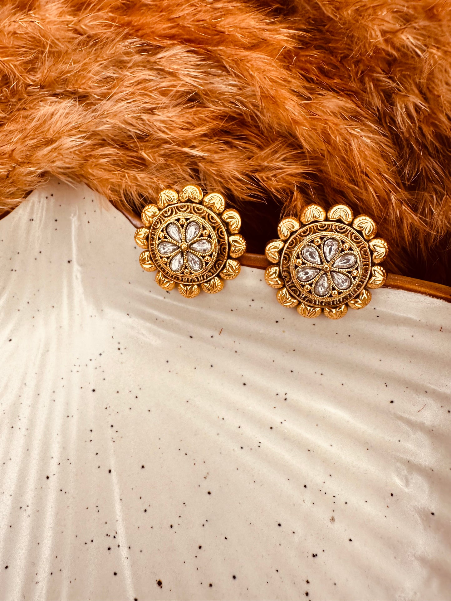 HeyBae Gold Plated White Kundan Studded Big Round Stud Earrings Ethnic Fashion Stylish Jewellery Gift for Women & Girls