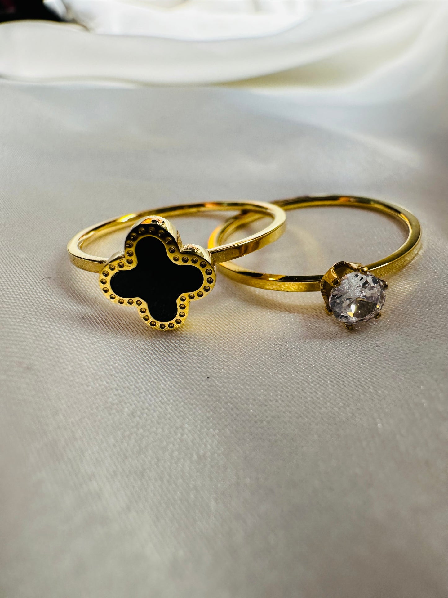 HeyBae Anti Tarnish Clover and Solitaire Ring Combo Set - Gold Stainless Steel