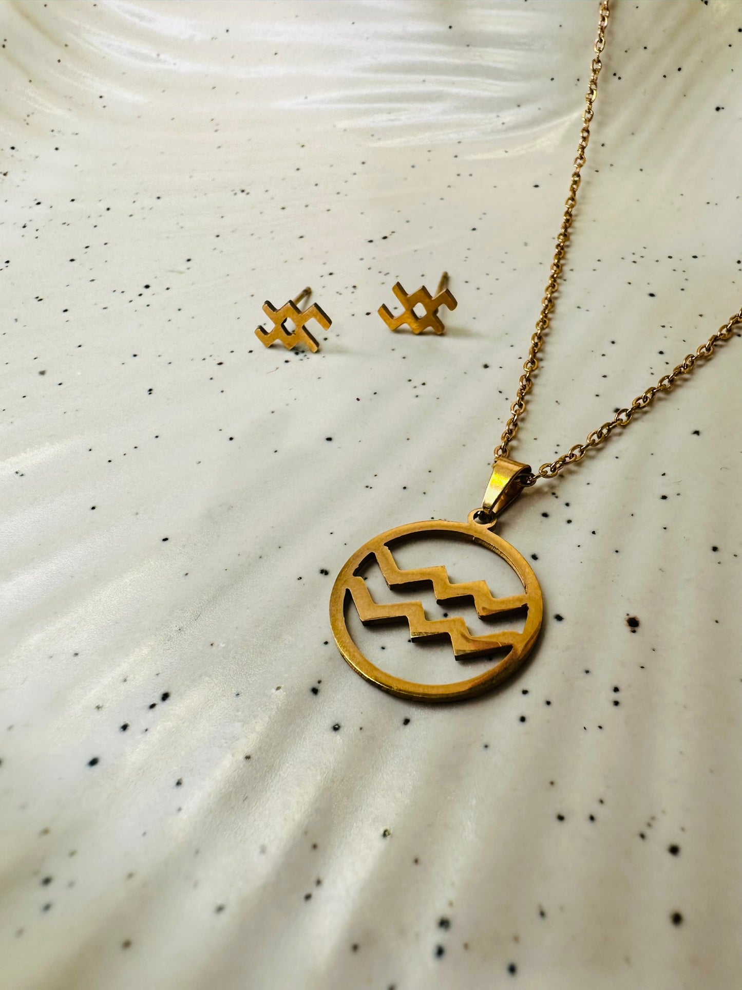 HeyBae Zodiac Pendant & Earring Set | Gold Stainless Steel | ₹499 (Aquarius · January 20 - February 18)