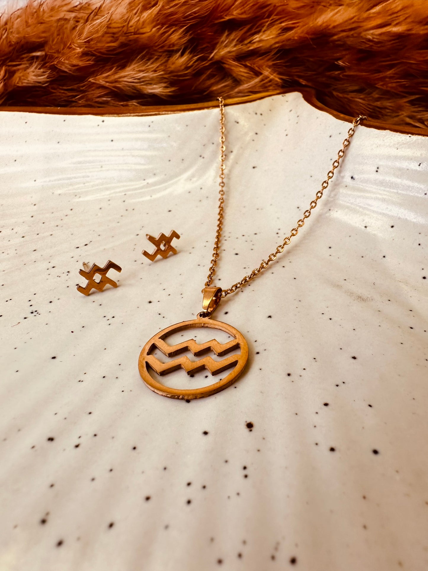 HeyBae Zodiac Pendant & Earring Set | Gold Stainless Steel | ₹499 (Aquarius · January 20 - February 18)