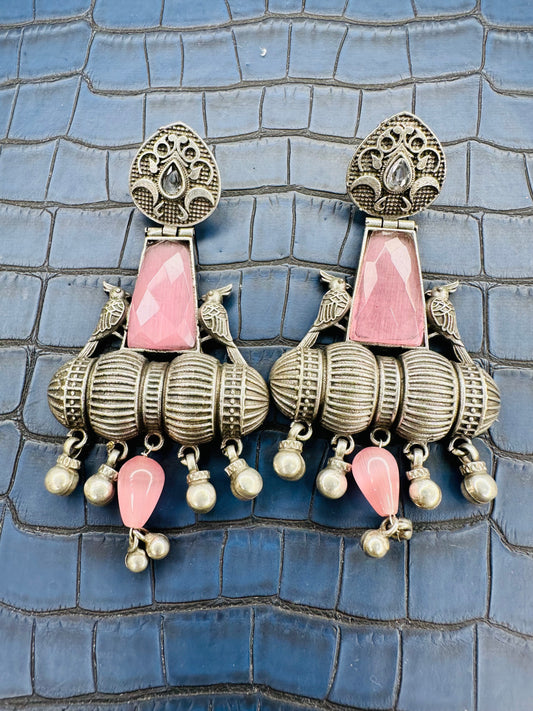 Oxidised Bird Design Earrings – Antique Silver Pink Drop Jhumkas