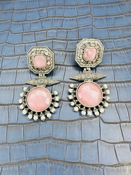 Oxidised Pink Round Drop Earrings – Antique Silver Statement Jhumkas