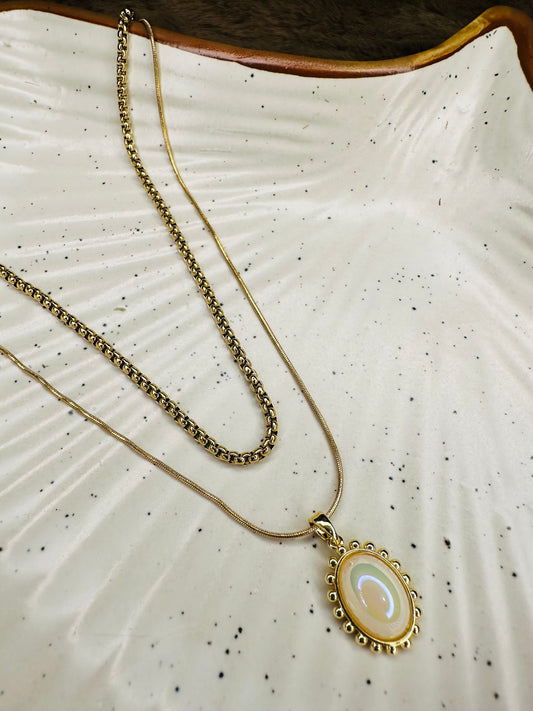 Heybae Gold-Plated Dual Chain Stainless Steel Necklace with White Opal Pendant - Elegant Fusion for Ethnic & Western Wear