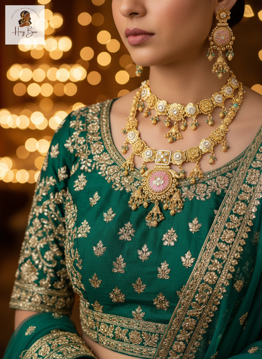 Woman wearing a green embroidered saree with gold jewelry against a blurred warm light background