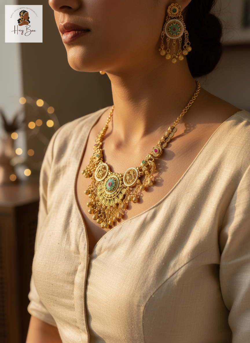 Woman wearing a gold necklace and earrings with a blurred background