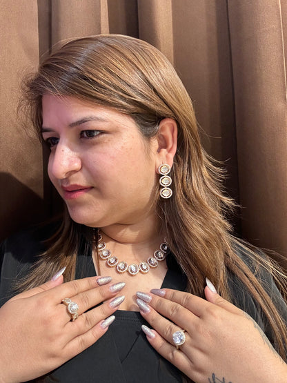 Model wears moissanite rose gold kundan set
