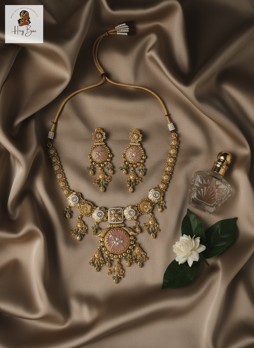 Ornate necklace and earrings set with a bottle of perfume on a satin surface