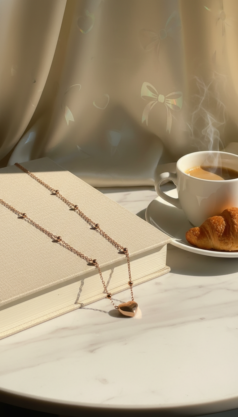 Rose gold necklace on a book with a cup of coffee and croissant in the background