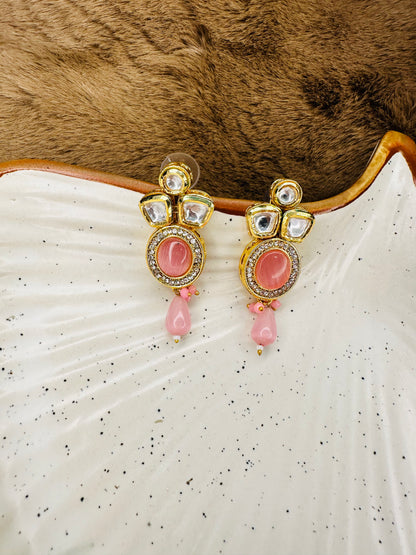 Geometric Pink Kundan Drop Earrings