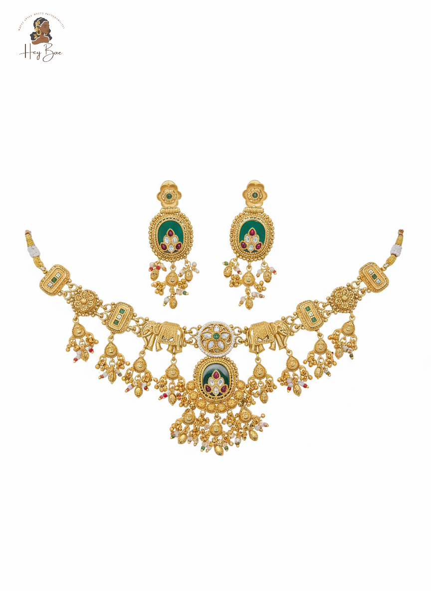 Royal Elephant Motif Antique Gold Choker Set with Green Stones on a white background