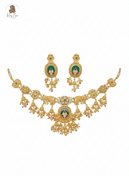 Royal Elephant Motif Antique Gold Choker Set with Green Stones on a white background