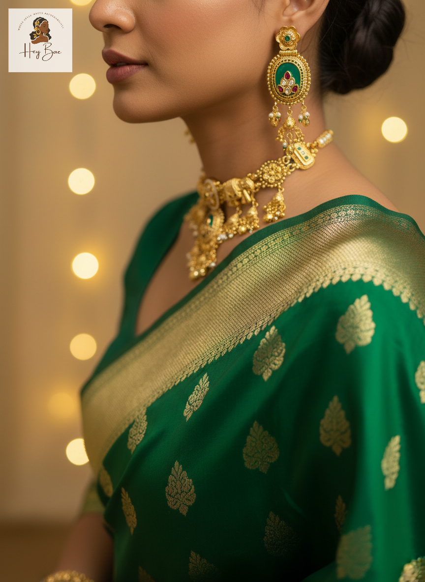 Woman wearing a green saree with gold patterns andRoyal Elephant Motif Antique Gold Choker Set with Green Stones against a blurred lights background