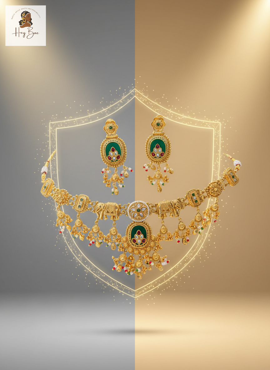 Gold necklace and earrings on a two-tone gray and beige background