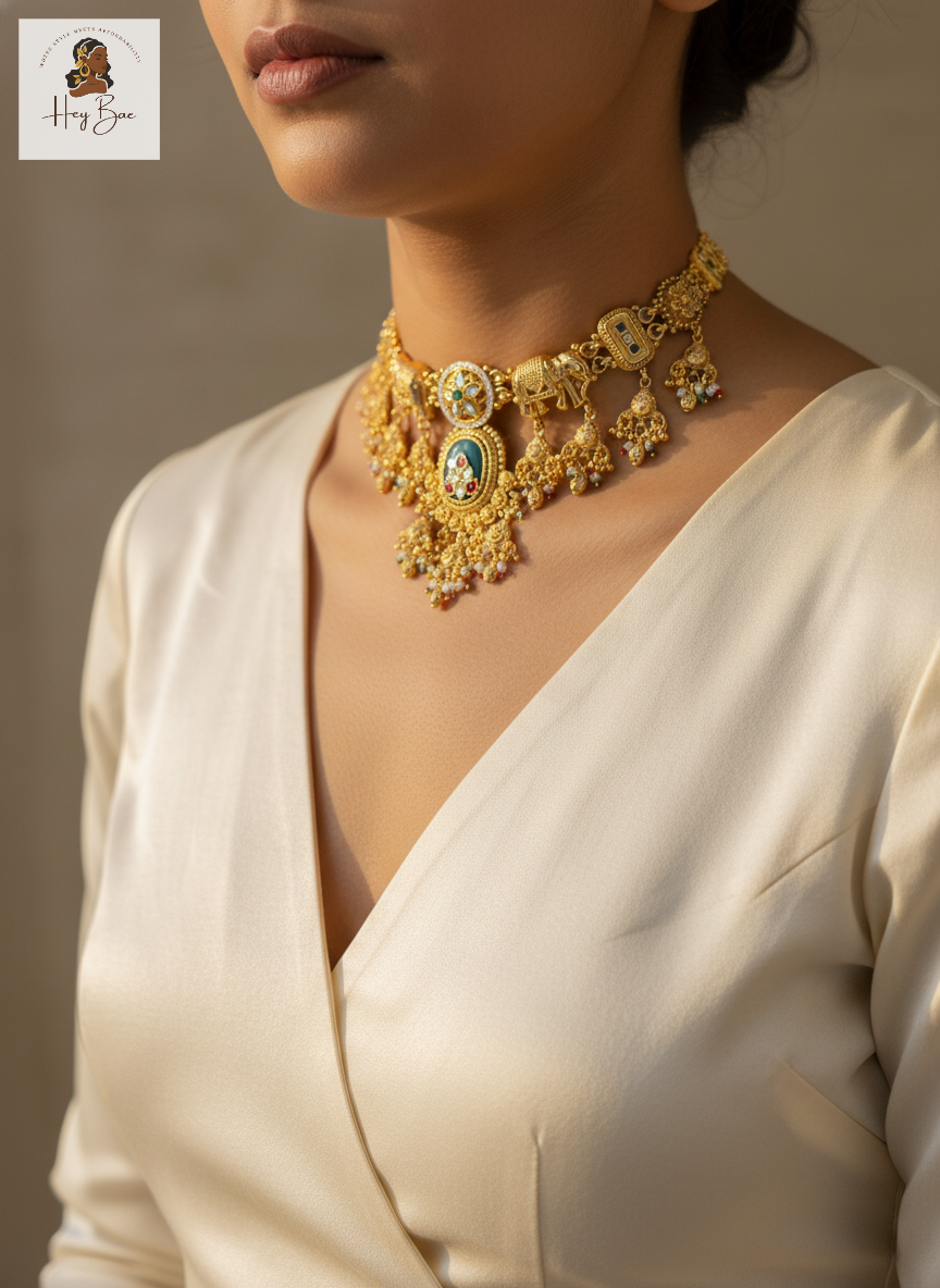 Royal Elephant Motif Antique Gold Choker Set with Green Stones worn by a person in a white outfit with a blurred background