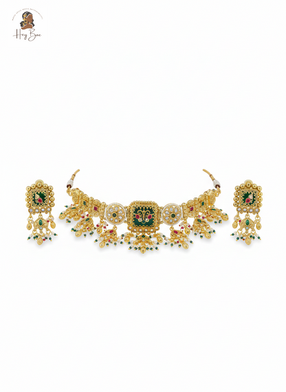 Royal Green Enamel Kundan Choker Necklace Set 