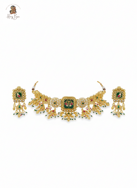 Royal Green Enamel Kundan Choker Necklace Set 