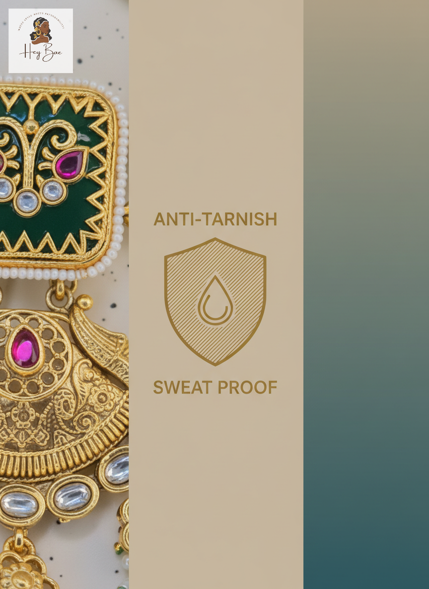 Gold Royal antique gold choker necklace  'Anti-Tarnish' and 'Sweat Proof' text on a beige background