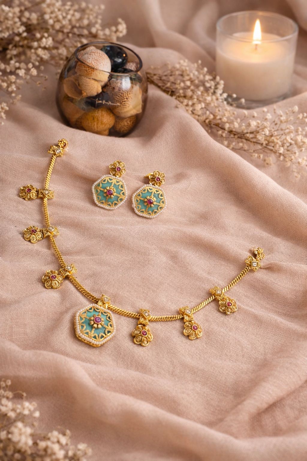 Hey Bae Royal Antique Gold Ruby-Green Stone Necklace Set with Earrings