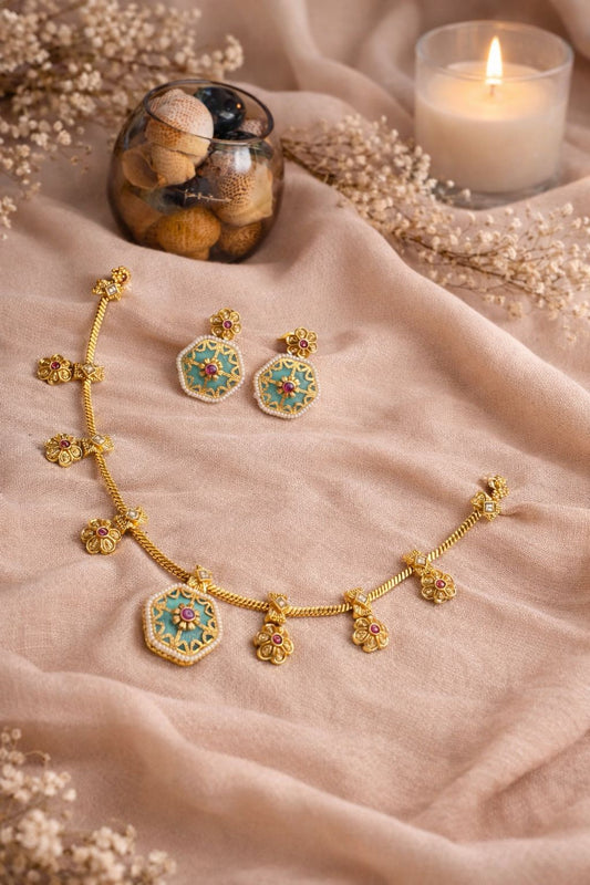 Hey Bae Royal Antique Gold Ruby-Green Stone Necklace Set with Earrings