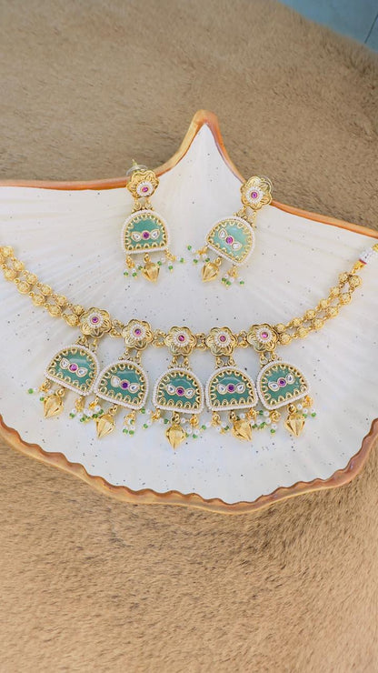 Hey Bae Mint Green Meenakari & Gold Choker Necklace Set with Pearls