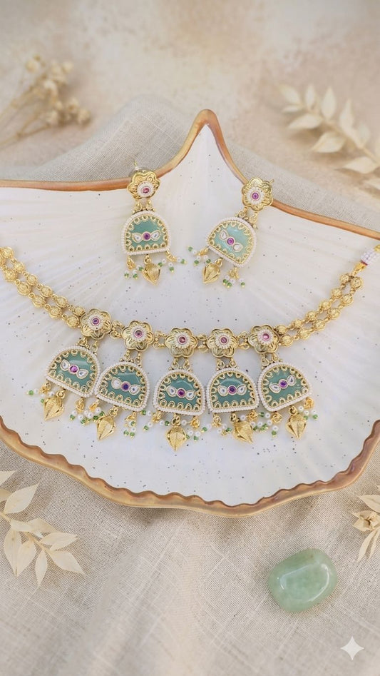 Hey Bae Mint Green Meenakari & Gold Choker Necklace Set with Pearls